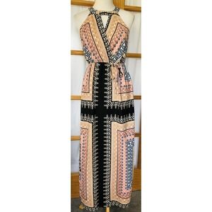 Monteau Halter Neck Maxi Dress Women's M Geometric V Cut Out Peasant Beach Party